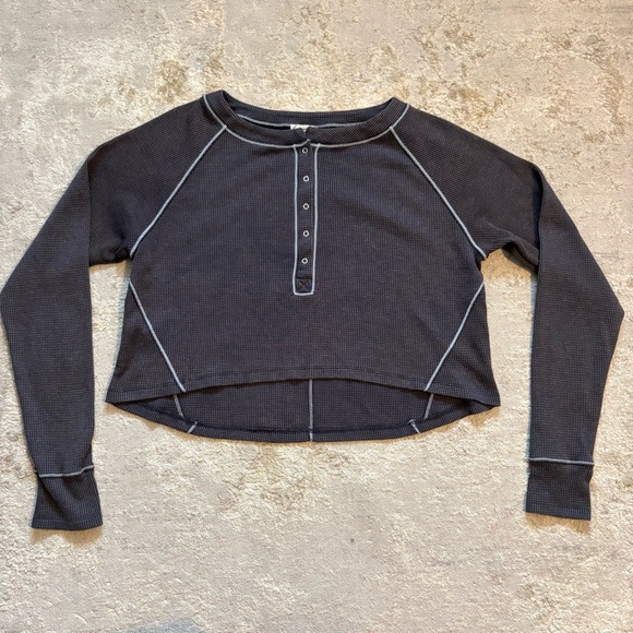 Free People Early Nights Heather Grey Henley Thermal Long Sleeve Top Size Small - Picture 2 of 9